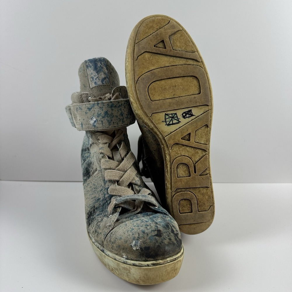 Prada Paint Splatter Artsy Wedge Sneakers Shoes Leather High Top EU 37.5 US 7 - Picture 7 of 7